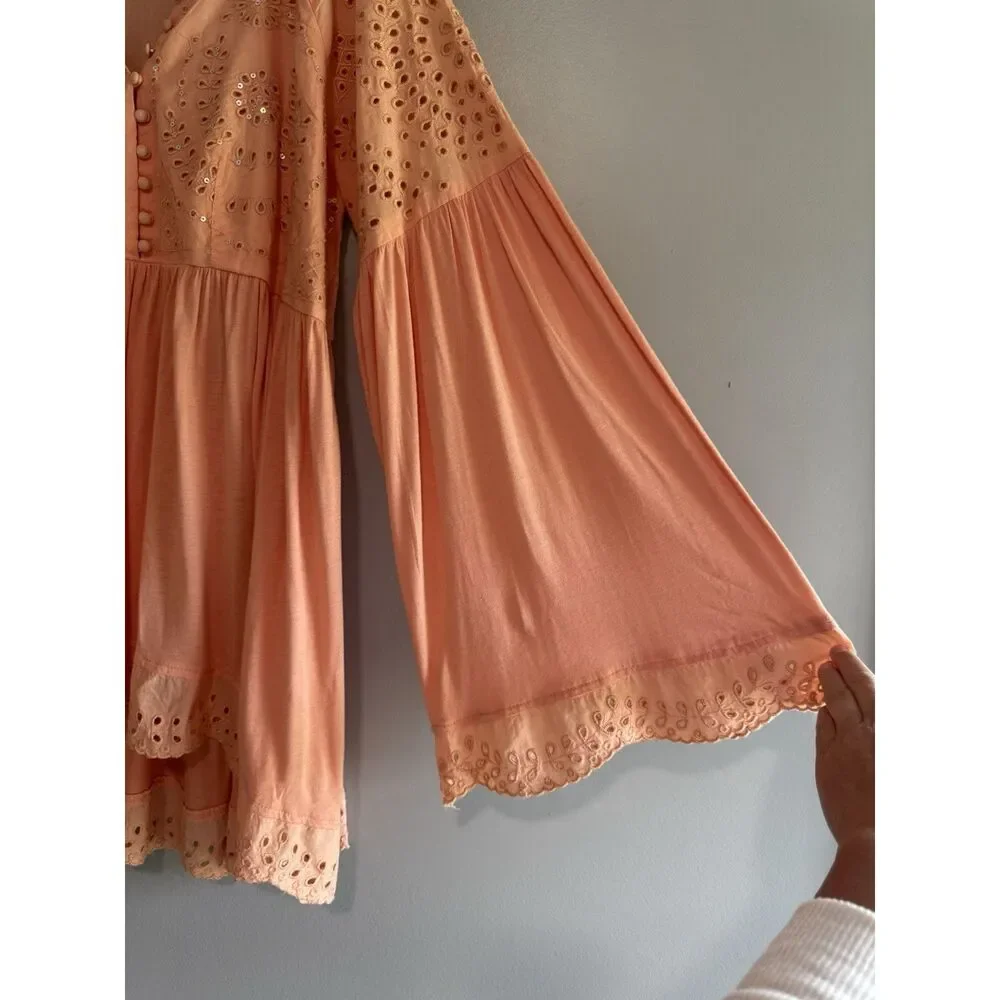 Free People Sea Of Love Tunic Top Peach Eyelet Bell Sleeve Blouse Boho Sequin Lg